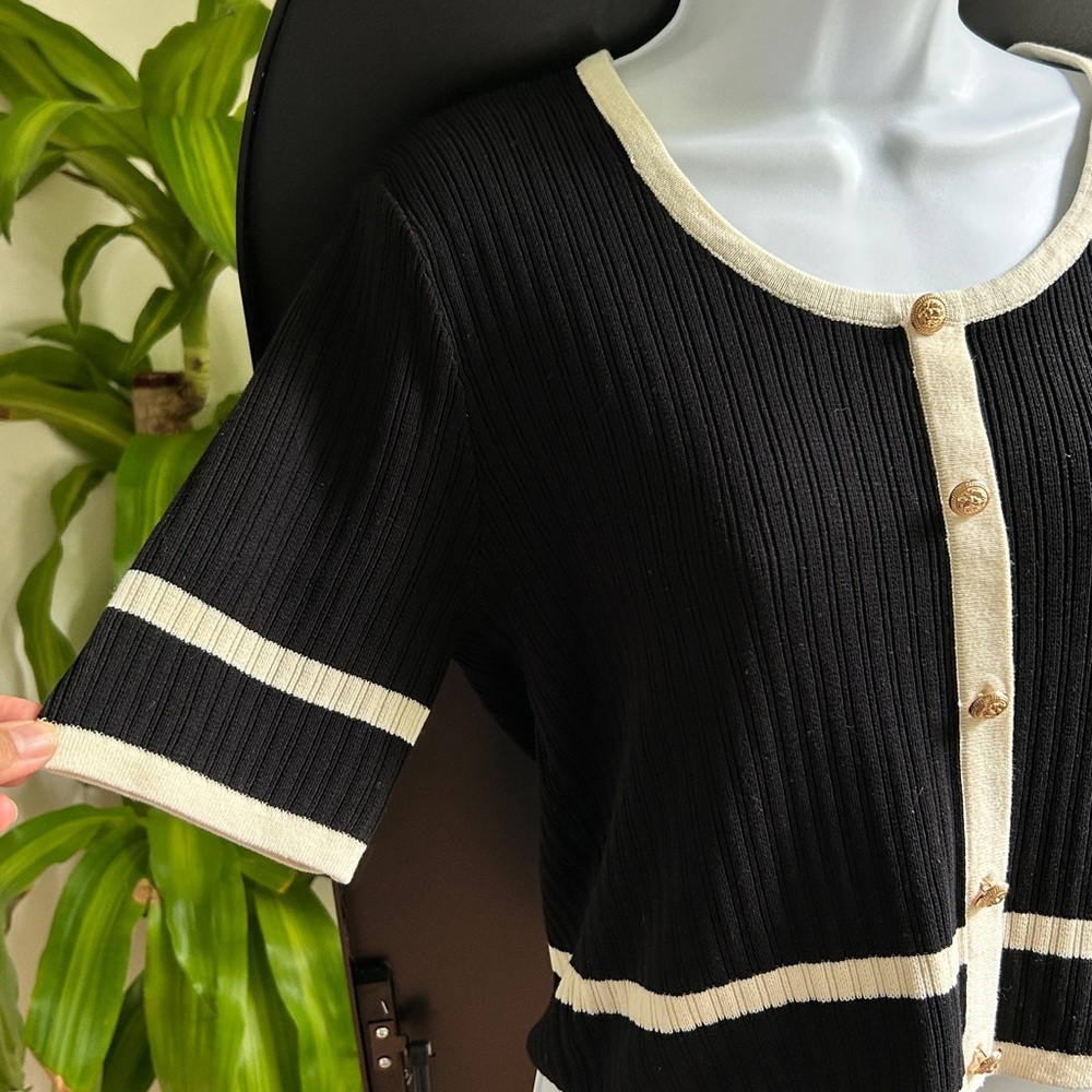 Cream-Trim Black Ribbed Button Front Top - Picture 6 of 8